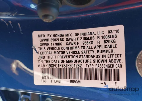 2018 Honda Civic Ex-L из США, поврежденный, VIN 19XFC1F73JE201282